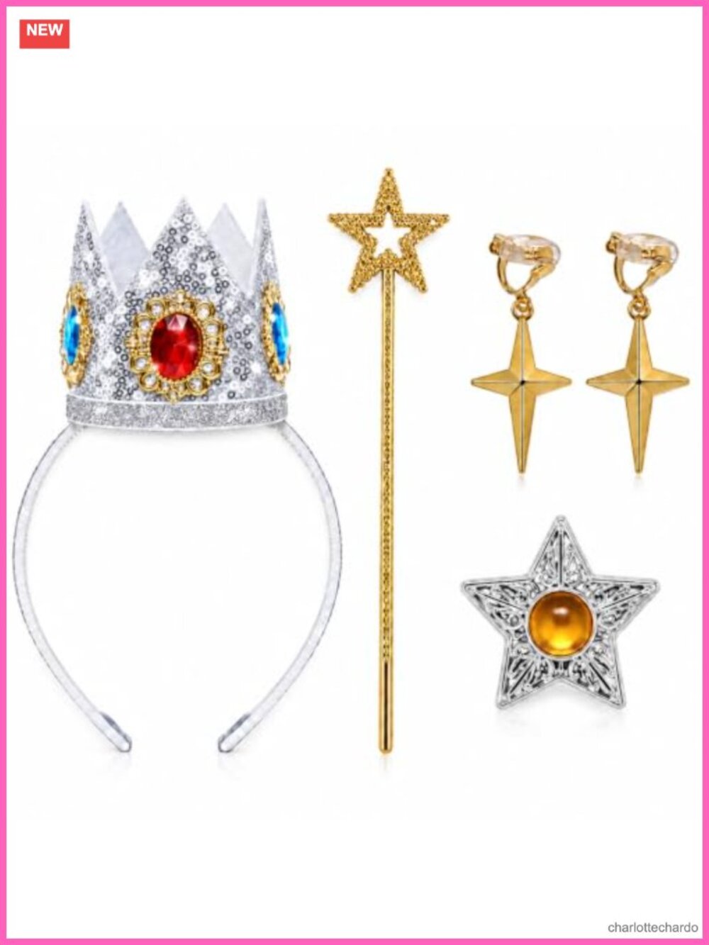 Princess Crown Wand Set Star Earrings Brooch Costume Accessory Set One Size
